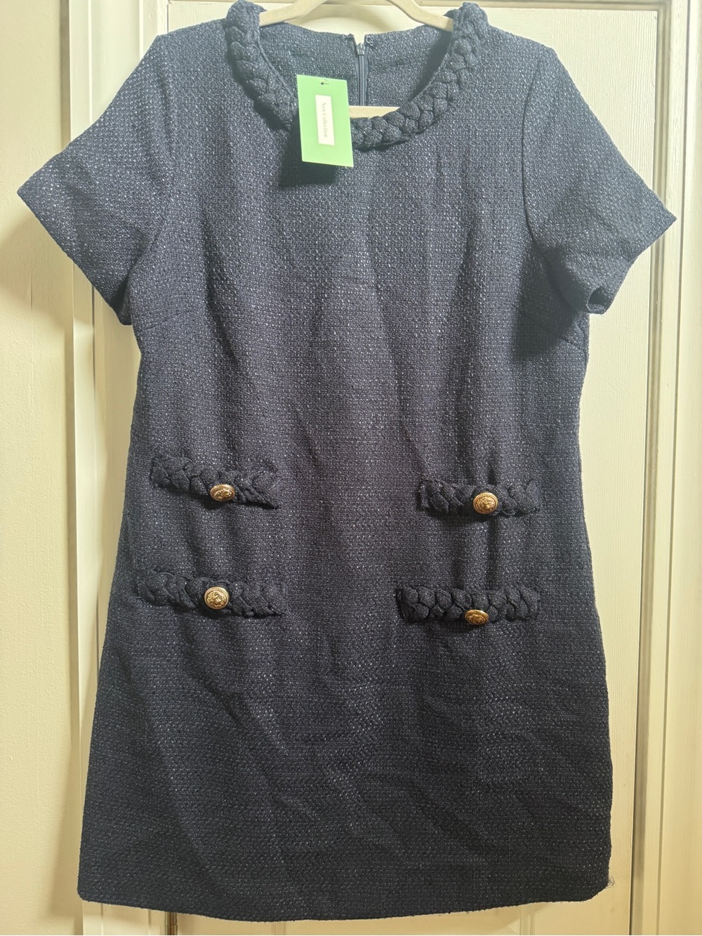 Classic Navy Short-Sleeve Shift Dress with Braided Trim